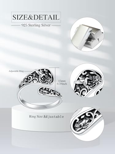 Image of Bee /Butterfly /Mustard Seed /Hummingbird /Cat /Rainbow Adjustable Ring for Women 925 Sterling Silver Spoon Rings for Women Size Fits Most People