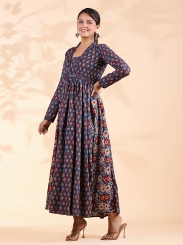 Image of Vbuyz Women's Floral Print Anarkali Cotton Aqua Blue Stitched Kurta | Anarkali Kurti for Women | Kurta for Women
