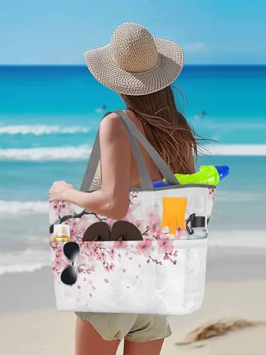 Beach Bags Women Mesh Tote Bag Watercolor Pink Cherry Blossom Toy Grocery Pool Bag with Pockets for Travel/Picnic/Shower3