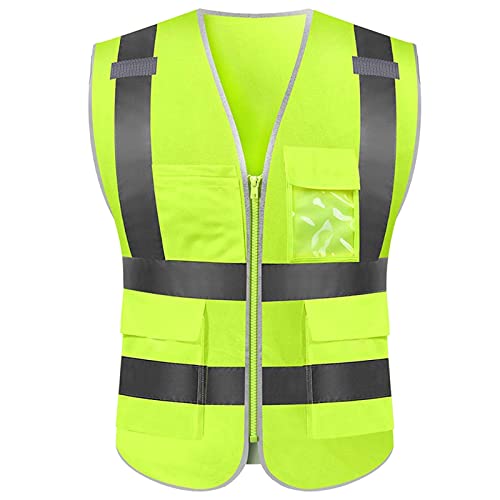 DFTD Safety High Visibility Vest, Constraction Work Hi Vis Vest for Men & Women, Reflective Vest with Pockets & Zipper Class 2, L, Yellow
