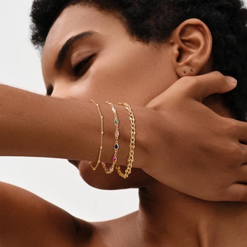 MEVECCO Gold Multi Color Teardrop Bracelet,14K Gold Plated Multicolor CZ Chain Bracelets Dainty Minimalist Handmade Link Bracelet for Women3