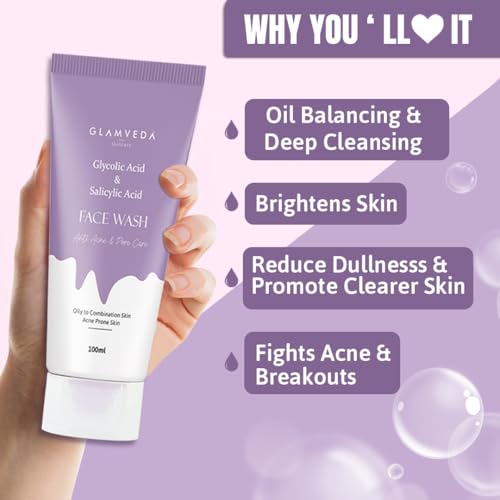 Image of Glamveda Glycolic Acid & 0.05% ww Salicylic Acid Anti Acne Face Wash (100ml Pack of 2) | For Oily & Acne Prone Skin | Oil balancing, Deep Cleansing | No Paraben, SLS