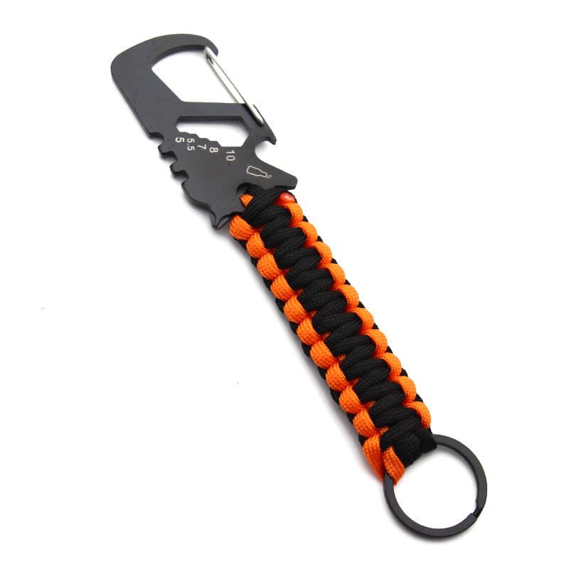 Multi-Tool Paracord Carabiner with Bottle Opener, Spanner and Screwdriver Camping Fob180mm, Black and Orange