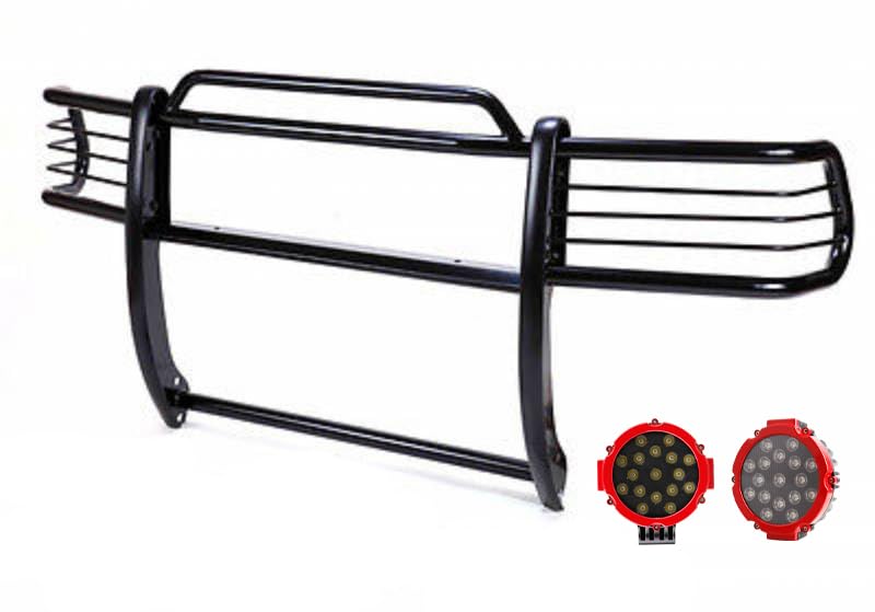 Image of Black Horse Grille brush Bumper Guard Modular Black Come With pair of 7.0 inchDia.LED Lights with Red Trim Rings Compatible with 2001-2005 Toyota RAV4-17TH26MA-PLR