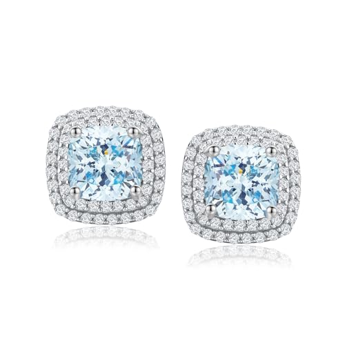 925 Sterling Silver Birthstone Earrings for Women Teen Girls Dainty Cute Created Gemstone Crystal Square Earrings Double Halo Stud Earrings