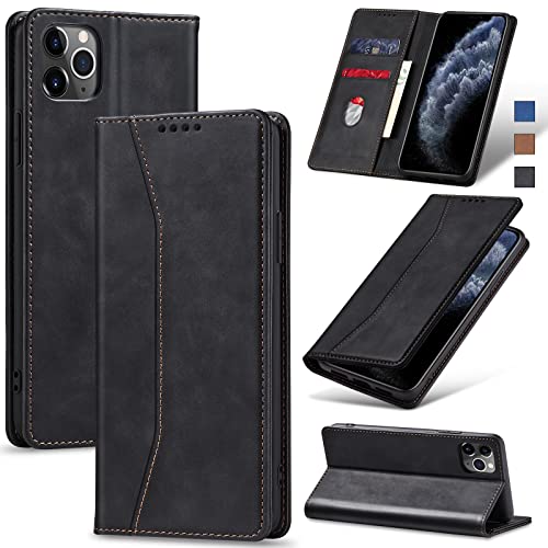 Image of Jasonyu Flip Wallet Case for iPhone 11 Pro Max,Leather Magnetic Folio Cover with Card Holder,Kickstand - TPU Shockproof Durable Protective Phone Case,Black