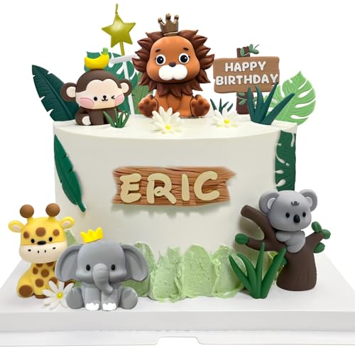 21 Artículo Decoración de Tarta de Animales de la Selva,Completo de Cake Topper Safari para Cumpleaños con León,Elefante,Jirafa,Mono y Koala, Decoración para Fiesta Infantil de Cumpleaños Tema Jungla