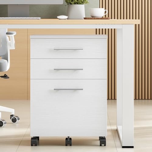 Image of HOOBRO 3-Drawer File Cabinet, Wooden Under Desk Filing Cabinet, fits A4 /Letter Size for Home Office, Small Rolling Storage Drawer Chest, Printer Stand with Drawers, White WW02WJ01G1