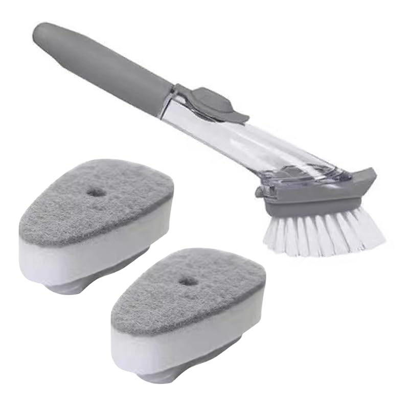 Soap Dispensing Dish Scrub Brush: Dish Brush with Soap Dispenser, Dish Scrubber Brush with 2 PCS Replacement Refills Head for Effortless Dishwashing Kitchen Household Cleaning Dishes Pans Pots Sink