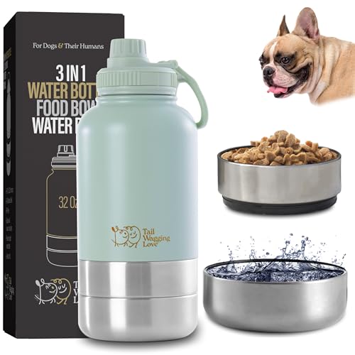 32oz 3-in-1 Portable Dog Travel Water Bottle, Food & Hydration Bottle - Dual Use for Humans & Pets with Detachable Bowls, Stainless Steel, Keeps Water Hot for 6hrs & Cold for 12hrs