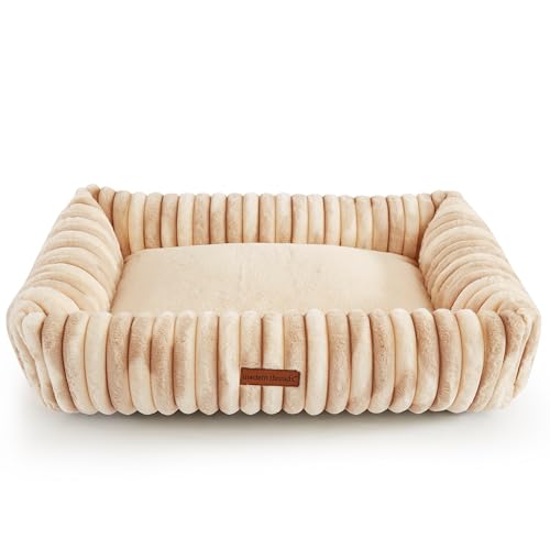 Image of Modern Threads Ribbed Plush Two-Tone Cuddler Dog Bed, Ultra-Soft Faux Rabbit Fur, Supportive Bolstered Sides, Removable Washable Cover, Bed for Medium Dogs, Cream, (28 inch L x 21 inch W x 9 inch Th)
