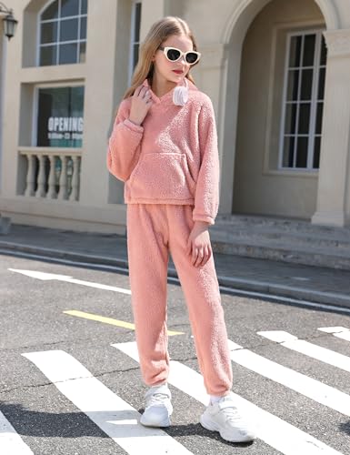 Image of Shallmu Girls Fuzzy Bear Ear Plaid Hoodie Pullover Sweatshirt with Pocket Sweatpants Fall Winter 2 Piece Outfits