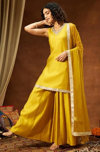Image of Janasya Women's Chanderi Silk Embellished Straight Kurta with Sharara & Dupatta Set