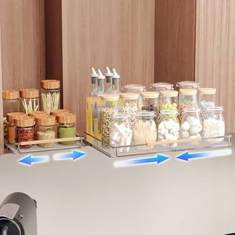 jkxoo 2Pack Expandable Pull Out Cabinet Organizer, Bottom Mount Under Sink Organizer, Adjustable Width 20.86~37.86"W x 22.5" D, Spice Organization for Cabinet, Drawer Organizer Slide Out for Pots Pans Cover