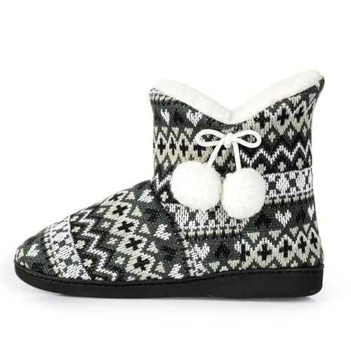 JANERIW Women's Slippers, Knit Bootie Slippers Warm And Cozy, Memory Foam Non-Slip Soft Indoor And Outdoor House Shoes（Size 9-10 Gray）