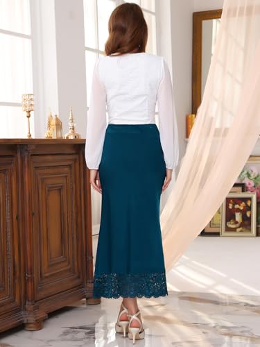 Women's Satin Skirt Formal Lace Trim High Waist Cocktail Evening Bodycon Long Maxi Skirts4