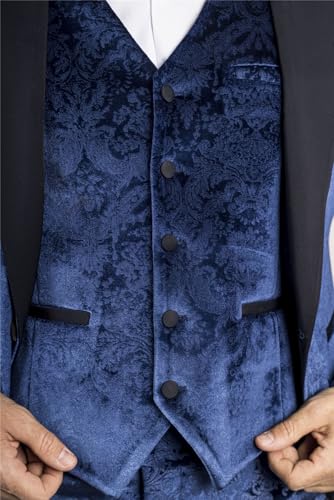 Men's Suit 3 Piece Blue Velvet Paisley Shawl Collar Tailored Fit Wedding Tuxedo4