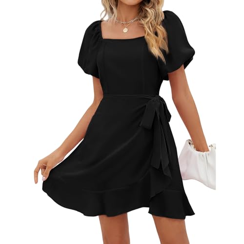 Mini Dresses for Women Cute Dresses Squared Neck Short Sleeve Sundress Tie Waist Pleated Ruffle Hem Elegant Dress
