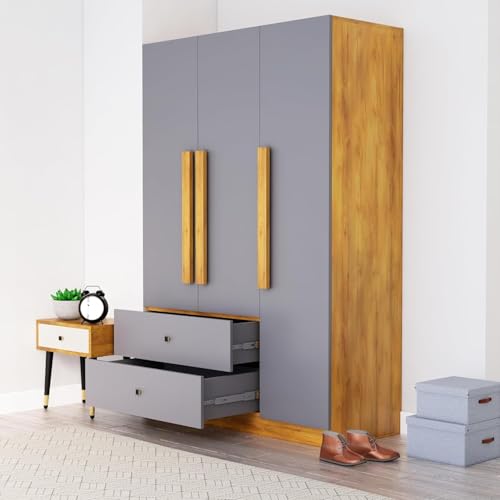 Image of Bniture Wooden Almirah for Clothes, Door for Bedroom, 3 Door Wardrobe with 2 Drawer & Hanging Space (40D x 120W x 180H CM) | 3 Year Warranty (Slate Grey)