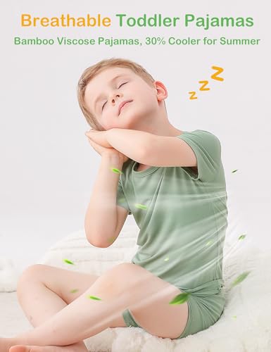 JunNeng Bamboo Viscose Toddler Pajamas,Baby Boy Girl Solid Snug Fit Short Sleeve Summer Sleepwear PJS,Green+Blue 18-24 Months