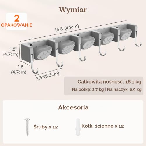 Lifewit Uchwyt na miotłę, antypoślizgowy wieszak na narzędzia do czyszczenia, organizer z 6 haczykami i 5 szczelinami, montowany na ścianie stojak na narzędzia do kuchni, ogrodu, garażu, pralni, 2