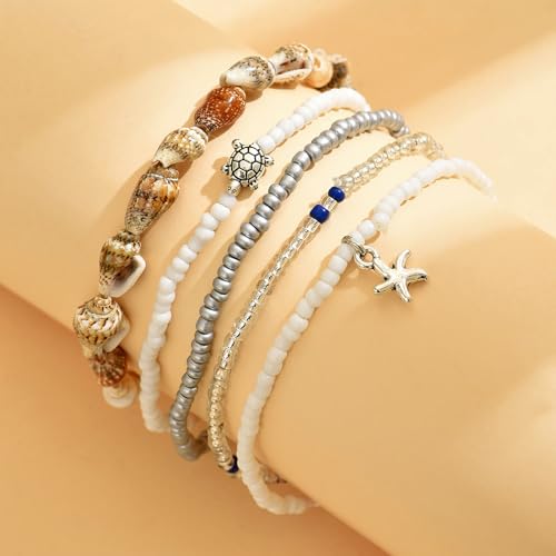 Image of Ankle Bracelets for Women Stretch Boho Pearl Bead Gold Anklets Layered Sequins Foot Chain Hawaiian Beach Conch Summer Vacation Travel Foot Jewelry