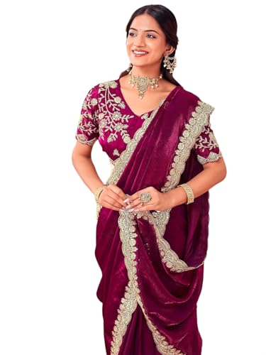 Image of SIRIL Women's Tissue Silk Sequins Embroidery Saree with Unstitched Blouse Piece