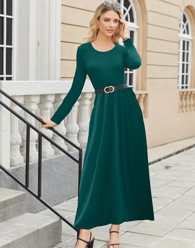 Supnier Women Long Sleeve Maxi Dress Plain Casual Loose Crewneck Floral Empire Waist Long Dress with Pockets3