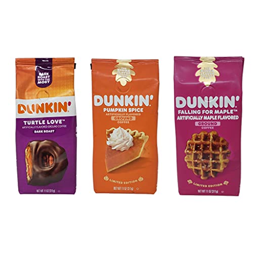 Dunkin Limited Edition Ground coffee Variety Pack - Falling for Maple, Pumpkin Spice, and Turtle Love - 11 oz Per Bag - 33 oz Total - Dunkin Donuts Coffee Variety Pack