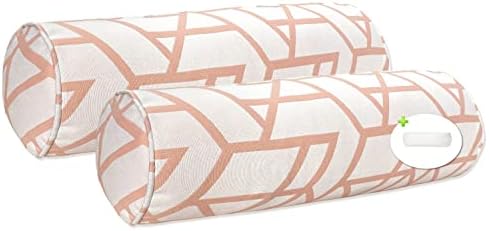 Fabritones Pack of 2 Outdoor Waterproof Decorative Bolster Pillows with Inserts for Patio Furniture, 20x6 Inch Fade Resistant Patio Garden Bolster Cushions for Couch Bed Sofa, Geometric Pink
