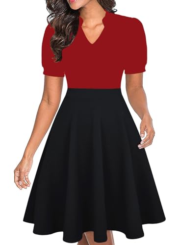 Image of Mokayee Womens Summer Short Puff Sleeve Casual Semi-Formal Fit and Flare Church Wedding Guest Work Dresses with Pockets