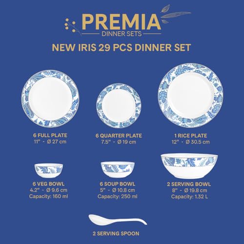 Image of Larah by Borosil 29pc Opalware New Iris Dinner Set for Family of 6 | Microwave & Dishwasher Safe Crockery Set for Dining & Gifting | Plates & Bowls