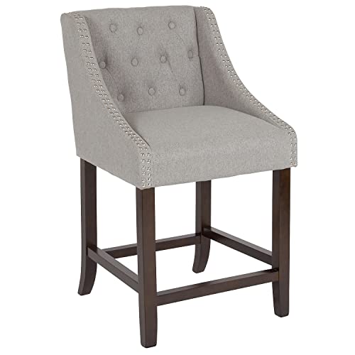 Flash Furniture Carmel Series 24" High Transitional Tufted Walnut Counter Height Stool With Accent Nail Trim In Light Gray Fabric #TOP7