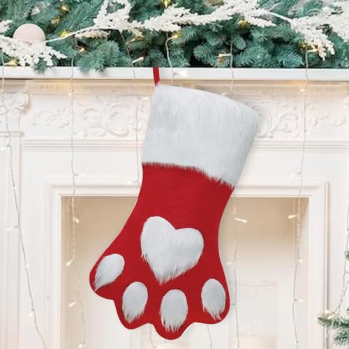 Hying Large Christmas Stockings Xmas Stockings with Dog's Paw Winter Fuzzy Stocking Decorations Red Velvet Gift Stockings for Home Hanging Ornaments Christmas Party Favor