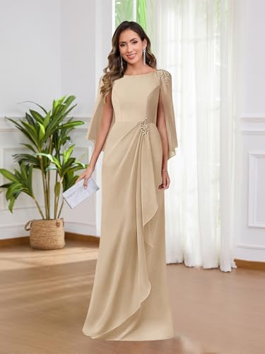 Long Chiffon Mother of The Bride Dresses Lace Formal Wedding Guest Dress with Cape2