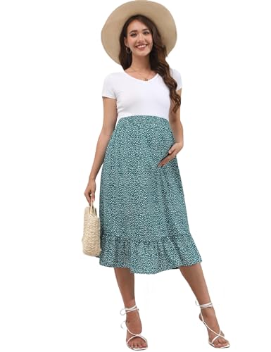 FUNJULY Maternity Skirt Women's High Waist Floral Print Maternity Skirts Ruffled Tiered Casual A Line Swing Boho Skirts for Women Green Flower L