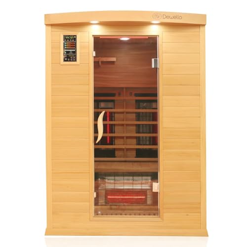 Dewello Infrarotkabine Infrarotsauna Pierson PRO 135×105 für 1- 2 Personen aus Hemlock und Zedern Holz mit Duo Vollspektrumstrahler, Bodenstrahler, LED- Farblicht, Bluetooth, FM, MP3, USB