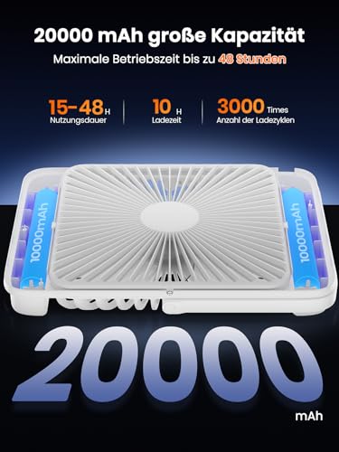 Warmco 20000mAh Akku Camping Ventilator 27cm mit Lampe, 15-48 Std. Laufzeit, Ultra-Leise, Ultraflach, Display, Haken, USB Tischventilator für Zelt, Outdoor, Reisen, Büro, Wohnmobil, Schlafzimmer 2