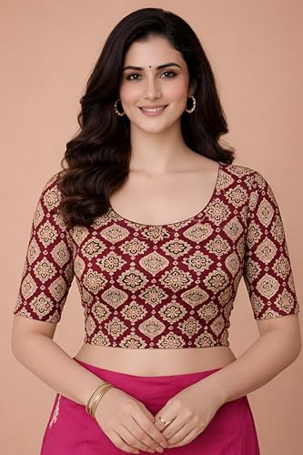 Image of Amazon Brand - Anarva Women's Kalamkari Print Cotton Stretchable Round Neck Readymade Saree Blouse
