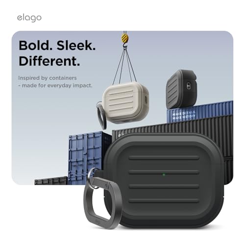 Image of elago Armor Case Compatible with AirPods Pro 3 Case - Carabiner Included, Supports Wireless Charging, Shock Resistant, Full Protection (Black)