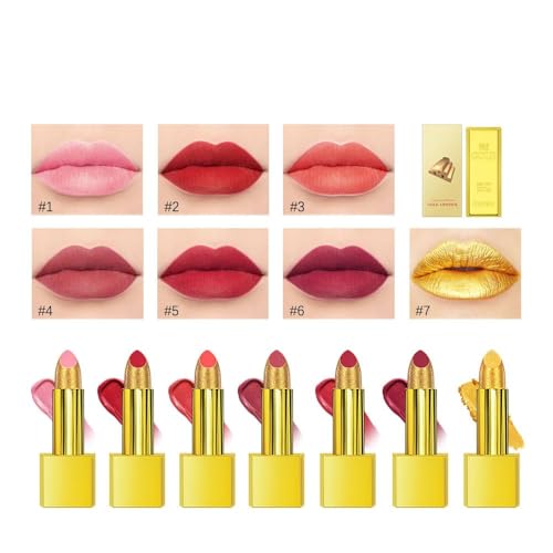 Gold Lipstick Velvet Nude Red Pink Lip Tint Non-Smudge High Pigment Not Fade Smooth Long-Lasting Wear Non-Stick Cup Waterproof Matte Lady Lip Gloss for Girl Women Lady Daily Lip Makeup (#7)