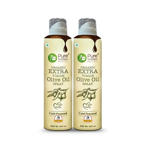 Image of Pure Nutrition Olive Oil Cooking Spray 400ml (200ml X 2)| 100% Organic, Extra Virgin, Cold Pressed, Natural; Cook Healthy with 10X LESS Oil | Ideal for Dressing, Baking, Air-Frying | Good for Skin, Hair & Massage