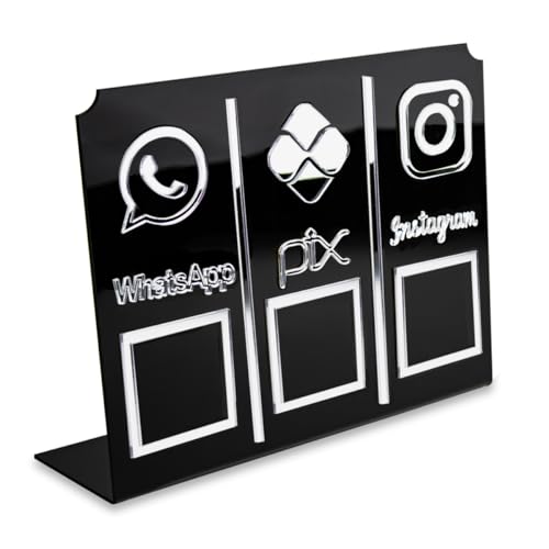Display Placa 3 em 1 WhatsApp Pix Instagram Qr Code Preto Pagamentos Interação Balcão Loja Estabelec