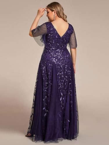 Image of Ever-Pretty Women's Sequin V Neck Plus Size Formal Dresses Evening Gown | Short Sleeve, A-Line, Empire Waist, Plus Size Mother of the Bride Dresses, Plus Size Gala Dress