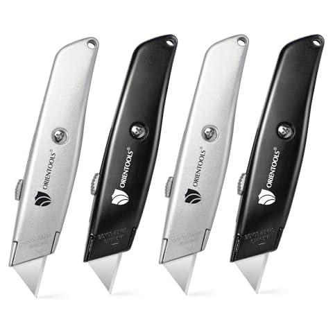 ORIENTOOLS Heavy Duty Utility Knife, Retractable Box Cutter with 3-Position Blade Lock, Sharp and Ergonomic Razor Knife with SK5 Blade, Zinc Alloy Body in Black & Silver (4-Pack) Cover