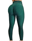 FITTOO Women's High Waisted Honeycomb Ruched Butt Scrunched Booty Leggings Workout Running Lift Textured Tights Emerald Small