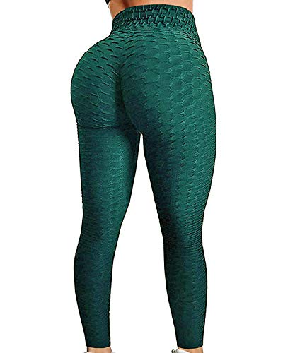FITTOO Women's High Waisted Honeycomb Ruched Butt Scrunched Booty Leggings Workout Running Lift Textured Tights Emerald Small