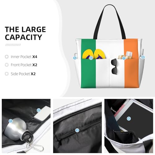 Irish Flag Extra Large Tote Bag For Women,Foldable Beach Bag With Pocket Weekender Travel Overnight Bag3