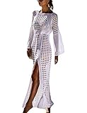 women's crochet long swimwear cover ups hollow out sleeveless swimsuit coverup fishnet vneck swim cover up side split crochet dresses cover ups for swimwear bikini cover up (9991-White)