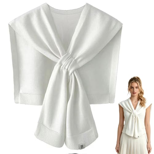 Womens Fashion Sweater Knitted Knotted Shawl Sweater Office Travel Casual Scarf Cape Shoulder Wrap Shawl Faux Wrap White